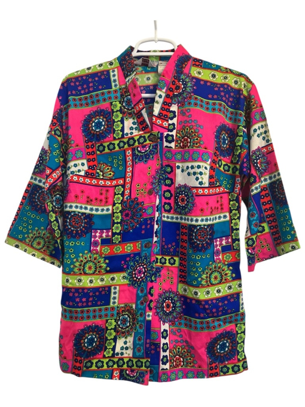 Vintage 70s Hawaiian Togs Psychedelic Patchwork Top Hawaii Sz 12 Fits XS-S